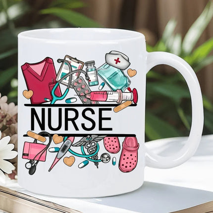 Nurse Themed 11 Ounce Ceramic Coffee Mug - Reusable, Insulated Travel Mug with Medical Illustrations, Hand Wash Only - White
