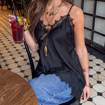 Asymmetrical Backless Spaghetti Strap Tank Cami Shirts Sexy V Neck Silk Camisole Tops Women Coquette Lace Trim Satin Tank Top