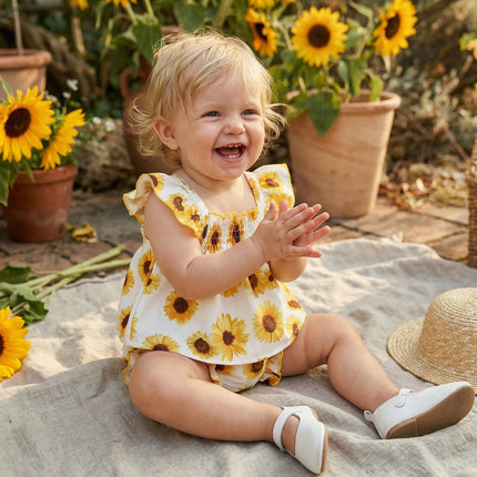 Baby Girl Summer 2Pcs Outfits Watermelon/Sunflower/Ocean Print Ruffled Trim A-Line Flying Sleeve Square Neck Tops and Shorts Set