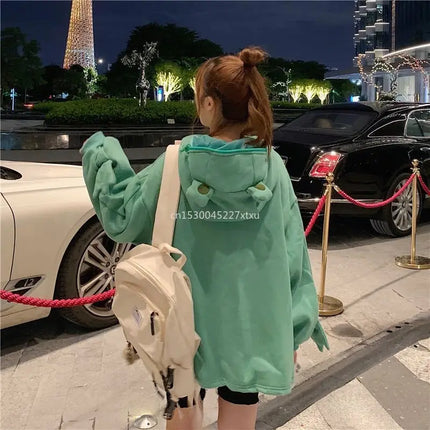 Unisex Frog Zipper Hoodie Fleece Lined Springtime Embroidery oversized Sweatshirt Harajuku Warm Pullover Korean Style Dropship