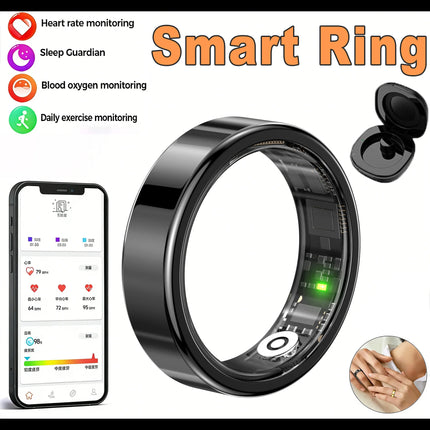 R09 Smart Ring Men Women with Charging Case,Heart Rate Blood Oxygen,Skin Temperature Monitor,5ATM Waterproof For Android iOS