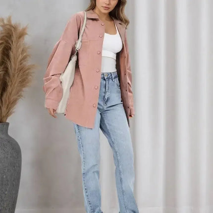 Women's Plus Size Retro Outerwear Collared Shirt Set with Loose Casual Corduroy shirt