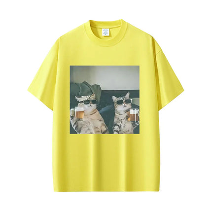 Cool Cat Drinking Beer Funny Meme T-shirt Women Casual Vintage Short Sleeve T Shirt Women Fashion Crewneck T-shirts