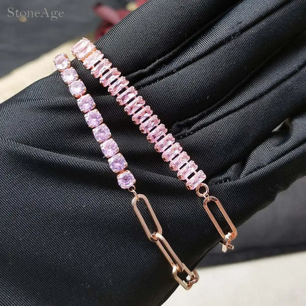 Pink Crystal Tennis Bracelets for Women Female Trend Romantic Shiny Zirconia Adjustable Folding Buckle Chain on Hand Jewelry