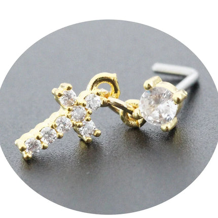 20G Surgical Steel Nose Rings for women Cross Nose Piercing Jewelry Body Jewelry Shiny CZ Cross Dangle L Shape Nose Studs