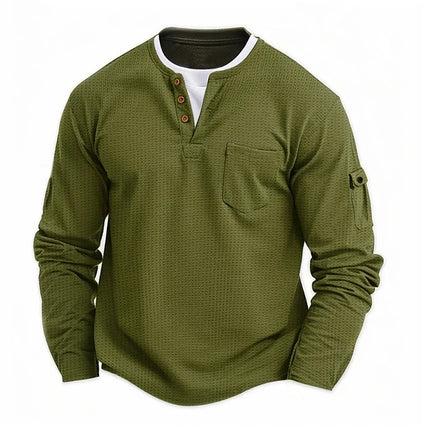 Men's New  Button Henley neck Shirt Long Sleeve Casual Button Solid color T-Shirt Fashion Waffle Cotton Fake two-piece T-Shirt