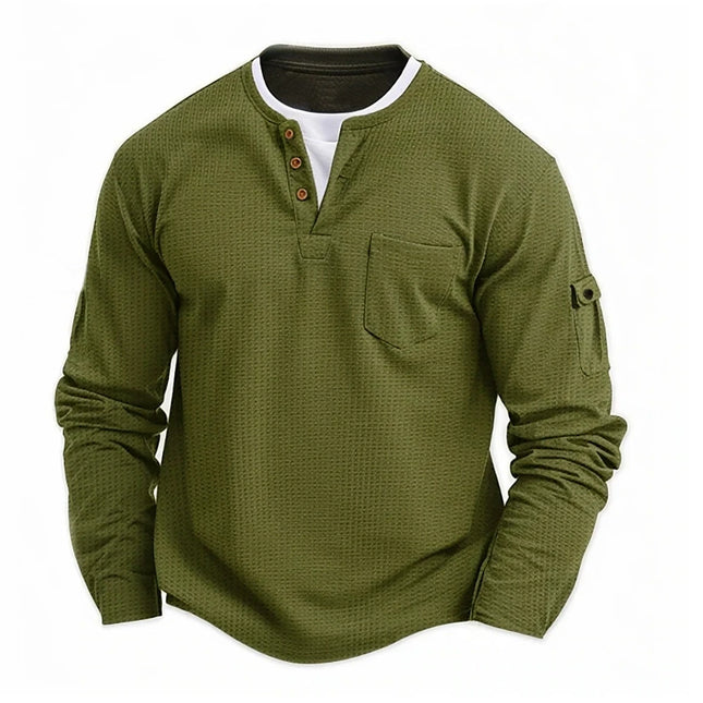 Men's New Button Henley Neck Shirt Long Sleeve Casual Solid Color T-Shirt Fashion Waffle Cotton Fake Two-Piece T-Shirt