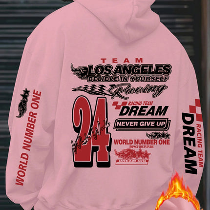Los Angeles Racing "Never Give Up" Print Men Women Hooded Sweatshirt Autumn Winter Daily Outdoor Fitness Casual Loose Sportswear
