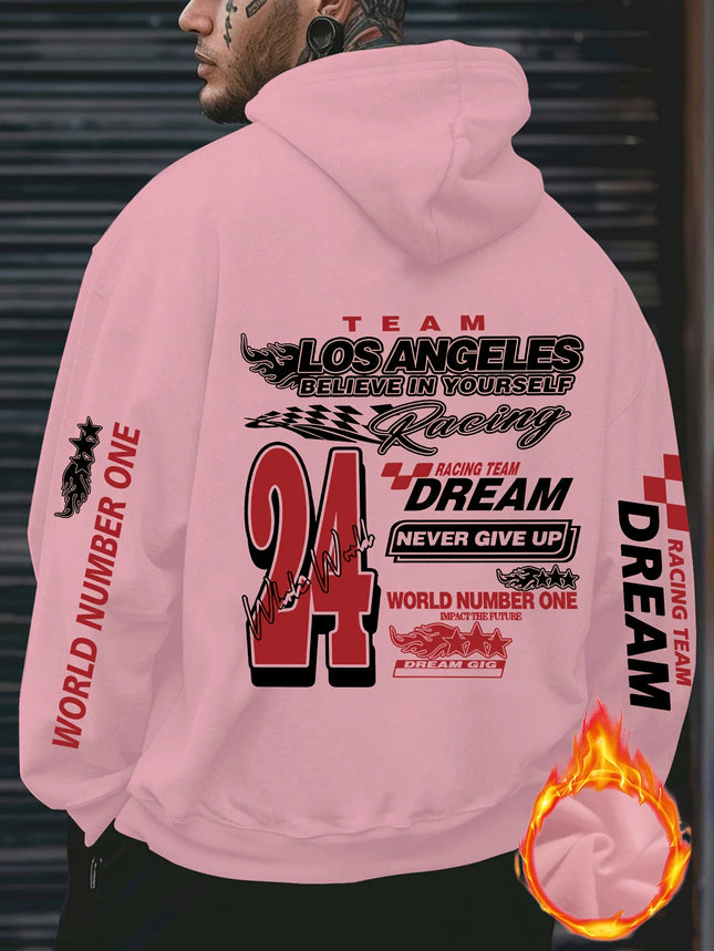 Los Angeles Racing "Never Give Up" Print Men Women Hooded Sweatshirt Autumn Winter Daily Outdoor Fitness Casual Loose Sportswear