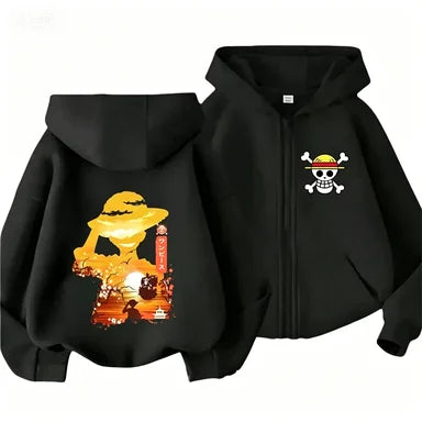 Boys Clothes Girls One Piece Cartoon Zipper Hoodie Kids Luffy Printed Casual Anime Hooded Sweatshirt Spring Outerwear