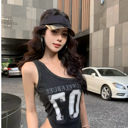 American High Street Hot Girl Slanted Collar Off-Shoulder Irregular Letter Print Camisole Vest Women's Retro Slit Top Y2K 2000s