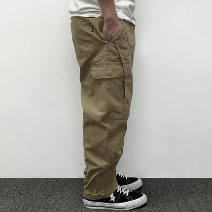 Autumn Men's Pants Multi-Pocket Cargo Pants Retro Solid Color Simple Loose Button Elastic Strap Casual Pants