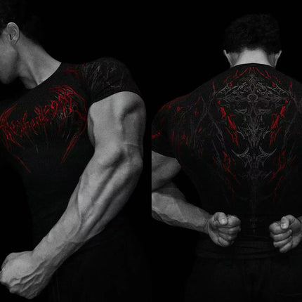 Men's Compression Sports Shirt Tee Gothic Lightning Print GYM Fitness Top Summer Quick Dry Breathable Bodybuilding T-shirt