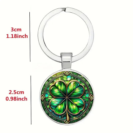 Elegant Four Leaf Clover Stained Glass Design Keychain, Round Lucky Symbol Art Printed Key Holder, St. Patrick Day & Good Luck Gift
