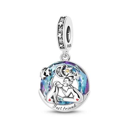 100% 925 Sterling Silver Blue Round Crystal Life Tree Angel Star Moon Pendants Charms Fit 925 Original Bracelets DIY Jewelry