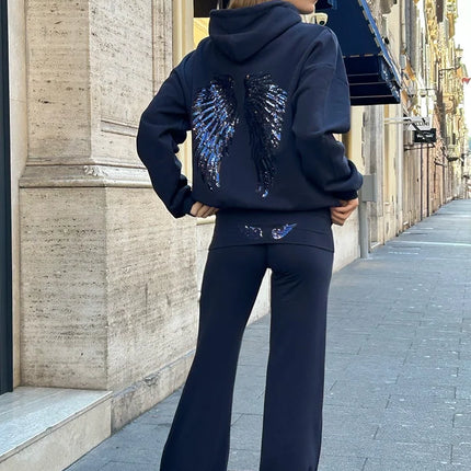 Casual Sequin Wings Hooded Sweatshirt Pant Set Women Solid Loose Full Sleeve Pullover Suit 2026 Spring Autumn Lady Daily Outfit