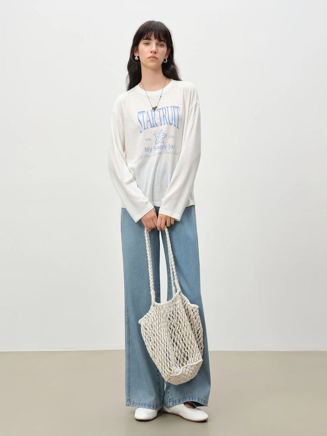 ZIQIAO Loose-fitting Linen Letter Printed T-shirt for Women Solid Long Sleeve Sheer Simple Trendy Casual Spring 2026 New Arrival