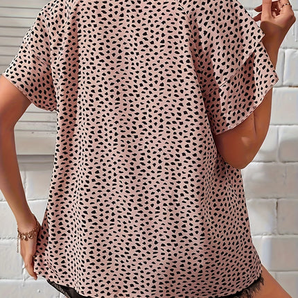 Plus Size All Over Print Crew Neck Blouse, Casual Ruffle Sleeve Blouse For Spring & Summer, Women's Plus Size Clothing
