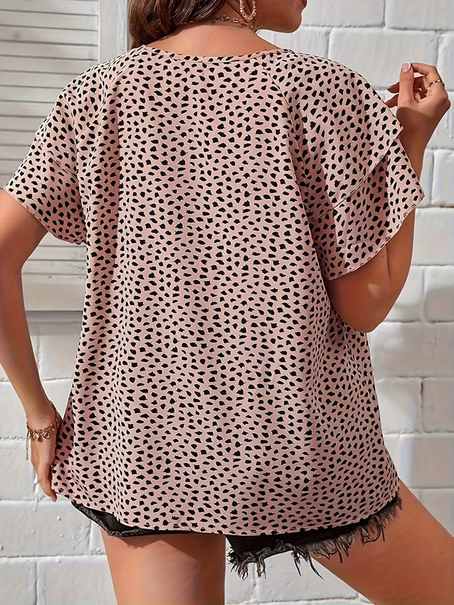 Plus Size All Over Print Crew Neck Blouse, Casual Ruffle Sleeve Blouse For Spring & Summer, Women's Plus Size Clothing