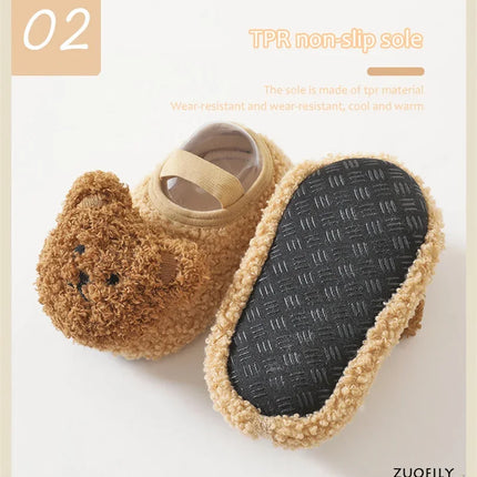 Cartoon Bear Baby Shoes Winter Thick Warm Newborn Shoes Non-slip Soled Soft Plush Toddler Kids Boy Girls Infant First Walkers