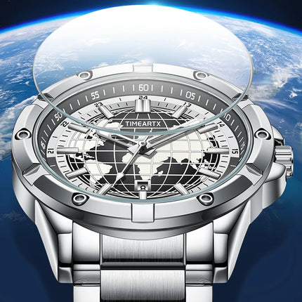 TIMEARTX mens watch Stylish Map Dial Analog Display Auto Date & Luminous Function Men's Gift Watches man (Non-Mechanical)