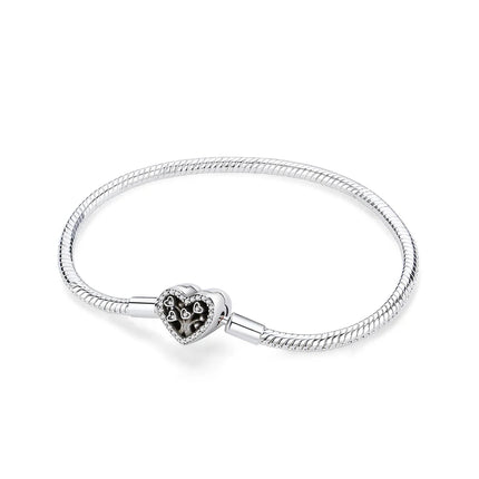 Original 925 Sterling Silver Bracelets Bangles Love Heart Clip Charms Beads Snake Chains For Women Rose Gold DIY Luxury Jewelry