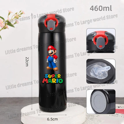 Super Marios Bros 460ml Thermal Cup Men Women Anime Black Straw Bottle Bouncing Lid Portable 304 Stainless Steel Thermo Bottles