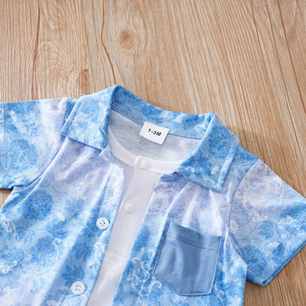 Newborn Clothes Vacation Wave Full Print Shirt Fake Two Comfortable Soft Boys And Girls Summer Short Sleeve Baby Jumpsuit
