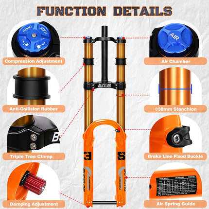 BUCKLOS Bike Air Suspension Fork Travel 180mm Dual Crown MTB 15*110mm Boost Fork 27.5inch 29inch Bicycle Air Suspension Fork