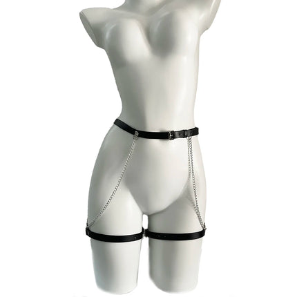 Women Pu Leather Harness Thigh Garter Belt with Chain Sexy Lady Tight Bondage Lingerie Gothic Rave Leg Harness Fetish Accessorie