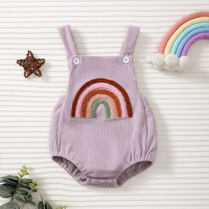 FOCUSNORM 0-12M Infant Baby Girls Boys Cute Overalls Romper Sleeveless Rainbow/Strawberry Embroidery Square Neck Ribbed Jumpsuit