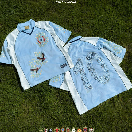 Fashionable National Series Loose Football Jersey Y2K High Quality Flower Embroidery Mesh Knit Shirt Oversized Unisex Streetwear