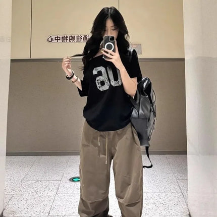 Black Off Shoulder Slant Neck Short Sleeve T-Shirt 2025 Summer Women Sweet Cool Loose Casual Streetwear Fashion