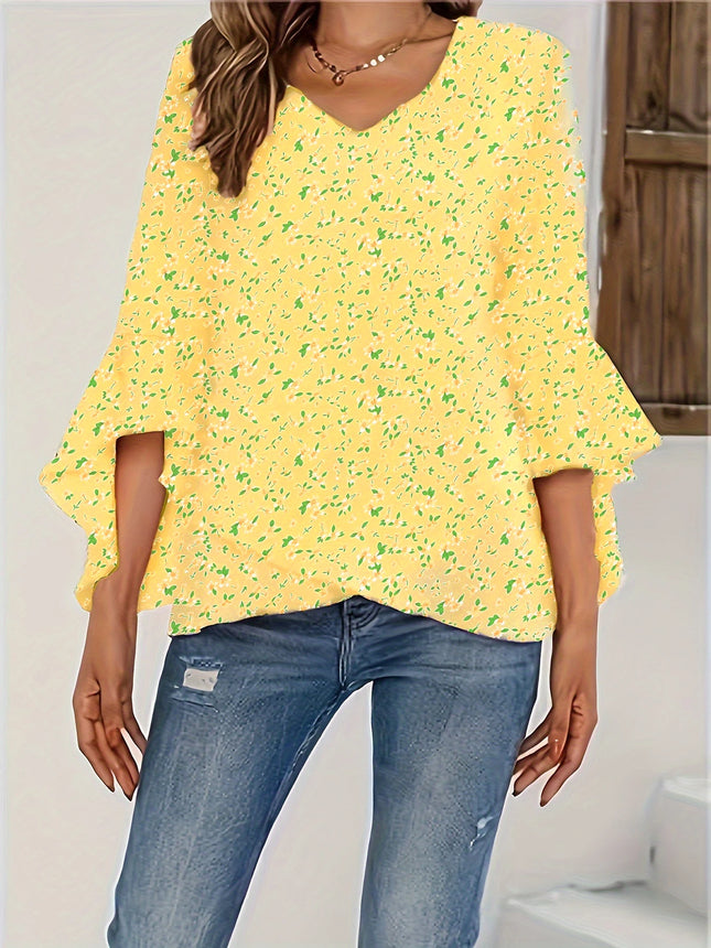Plus Size Floral Ruffle Sleeve Top Women's V-Neck Boho Blouse Summer Beach Shirt Free Shipping