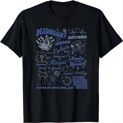 Album Book Graphic T Shirt With Midnights Red Floral Cat Elements Designs, Stylish Casual Short Sleeve Tee For Daily Wear