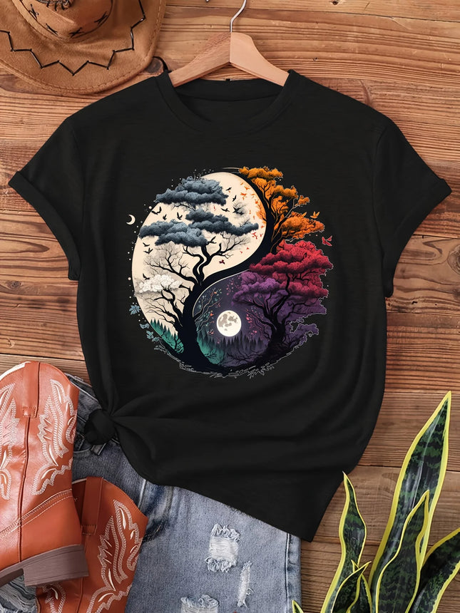 Yin Yang Tree Of Life Women's Tee - Nature Graphic, Casual Boho Spiritual Top
