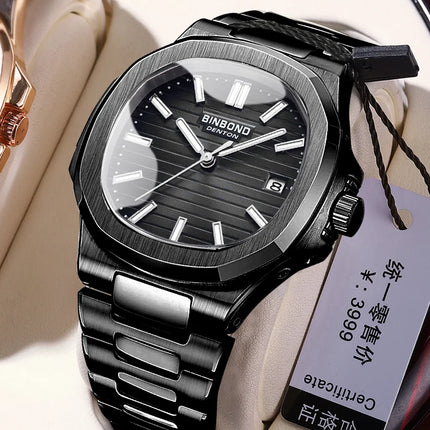 BINBOND Luxury Military Man Watch Square Waterproof Luminous Date Week Men Watch Stainless Steel Quartz Men's Watches Reloj