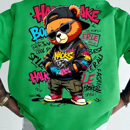 European and American men's summer teddy bear graffiti print comfortable and breathable round neck T-shirt outdoor street top