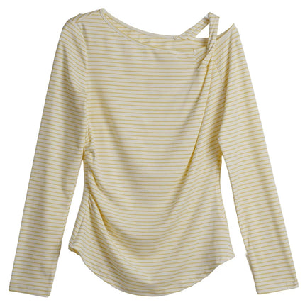 OLrain Women's Striped Tops 2026 Spring French Style Hollow Out Ladies T-shirts Casual Slim Fit Folds Female Tees O58CT003055