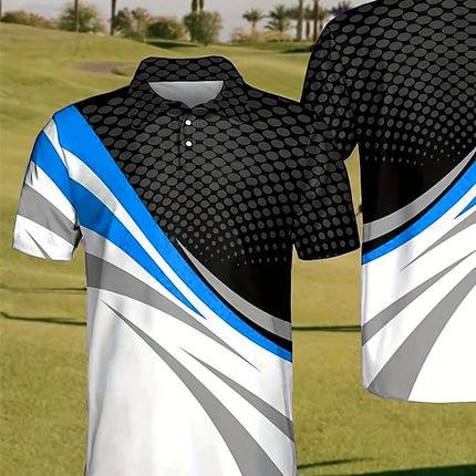 Geometric Pattern Digital Printed Men's Multi-color Unique Short-sleeved Polo Shirt for Summer Outdoor, Golf, Bowling, Tennis