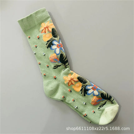 Bonne Maison French Small Batch Women's Fun Oil Painting Style Mid-Calf Cotton Dopaamine Colorful Socks Moisture Wicking Sweat