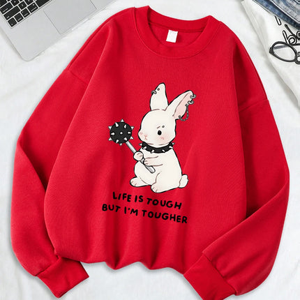 Cute Punk Style Rabbit Printing Sweatshirts Women Soft Fleece Warm Hoodie Winter Loose Pullover Casual Crewneck Woman Clothes