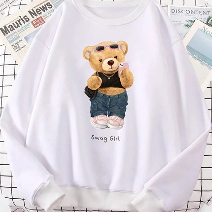 Street Teddy Bear Selfie Girls Funny Sweatshirt Women's Fashion Hoodies Crew Neck Hoodies Fashion Pullovers Women Clothing Y2K