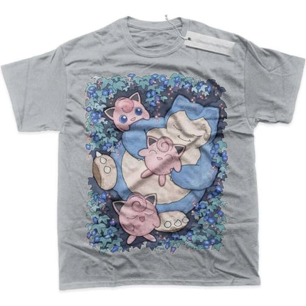 Men's T Shirt Men's Sports T Shirt Men's Short Sleeve T Shirt Pokemon Snorlax Sleeping with Two Jigglypuff on Blue Purple Leaf
