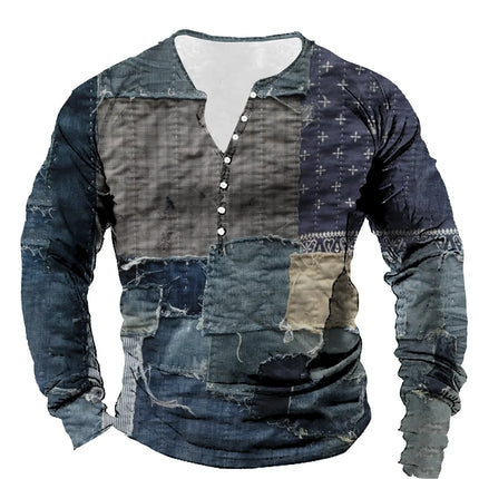 Men's Vintage T-shirt, Cotton Imitation T-shirt, Geometric Lines Print, Henley Long-sleeved T-shirt, Top, Men's T-shirt, Casual