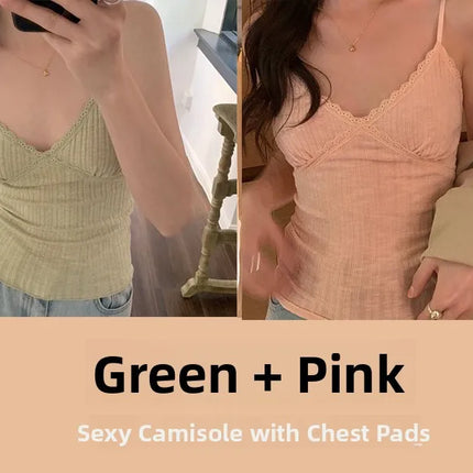 Pure Desire Lace Trim Camisole Tank Top with Chest Pad Summer Slimming Inner Wear Outerwear Beautiful Ba Boting Underwear
