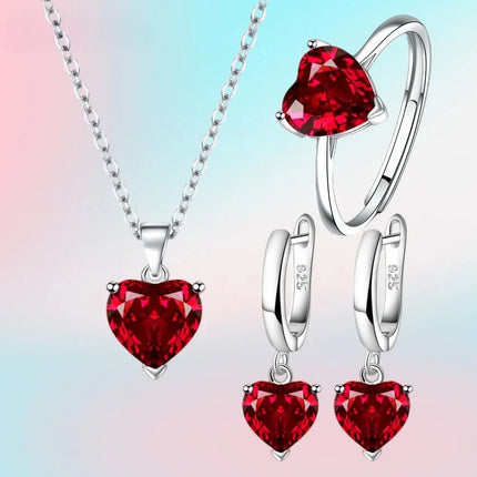 Fine 925 Sterling Silver Jewelry Gift Sets for Women Female Romantic Heart Zircon Huggie Earrings Pendant Necklace Ring