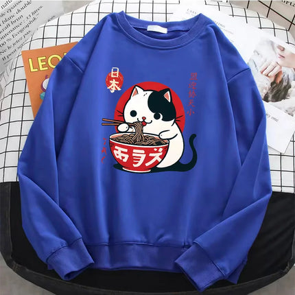 Funny Japanese Cat Eat Ramen Hoodies Fleece Sweatshirt Soft O-Neck Pullover Casual Female Clothes Autumn Spring