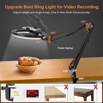 Ring Light Overhead Phone Mount LED Selfie Light with Stand and Phone Holder，LED Desk Light for Video Recording, Live Streaming