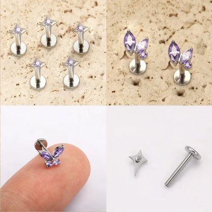 F136 Titanium Alloy Fashion Purple Zirconia Stud Earring Set with Cartilage Piercing Lip Stud and Ear Lobe Body Piercing Jewelry